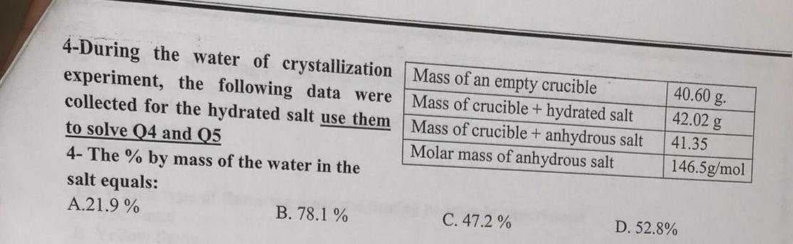 4-During the water of crystallization Mass of an empty crucible
40.60 g.
experiment, the following data were
collected for the hydrated salt use them
to solve Q4 and Q5
42.02 g
Mass of crucible + hydrated salt
Mass of crucible + anhydrous salt
41.35
Molar mass of anhydrous salt
146.5g/mol
4- The % by mass of the water in the
salt equals:
B. 78.1 %
C. 47.2 %
D. 52.8%
A.21.9 %
