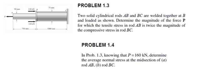 PROBLEM 1.3
75 mm
50 mm
120 AN
Two solid cylindrical rods AB and BC are welded together at B
and loaded as shown. Determine the magnitude of the force P
for which the tensile stress in rod AB is twice the magnitude of
the compressive stress in rod BC.
120AN
750 mm
1000 mm
PROBLEM 1.4
In Prob. 1.3, knowing that P= 160 kN, determine
the average normal stress at the midsection of (a)
rod AB, (b) rod BC.
