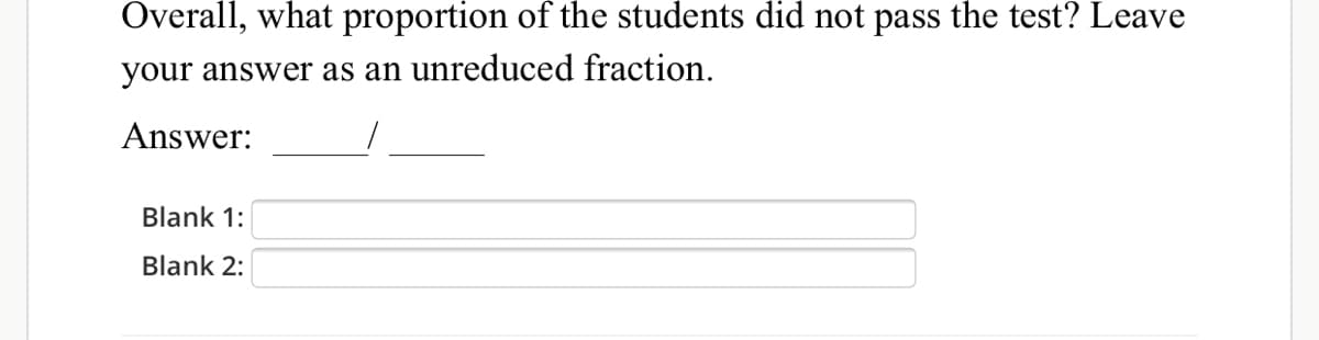 Overall, what proportion of the students did not pass the test? Leave
your answer as an unreduced fraction.
Answer:
Blank 1:
Blank 2:

