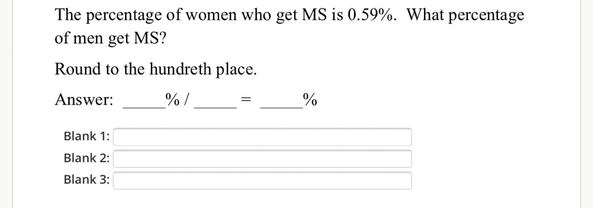 The percentage of women who get MS is 0.59%. What percentage
of men get MS?
Round to the hundreth place.
Answer:
%/
Blank 1:
Blank 2:
Blank 3:
