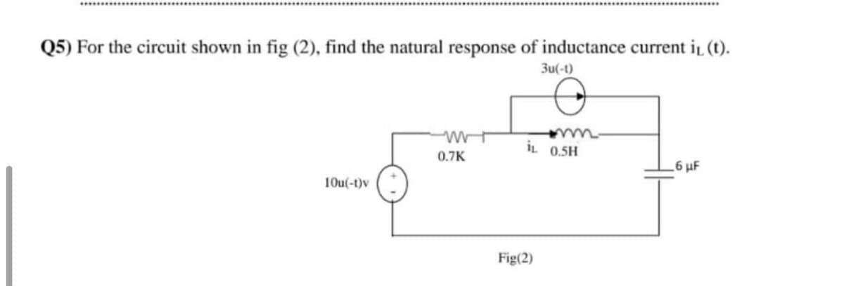 Q5) For the circuit shown in fig (2), find the natural response of inductance current i (t).
3u(-t)
İL 0.5H
0.7K
6 µF
10u(-t)v
Fig(2)
