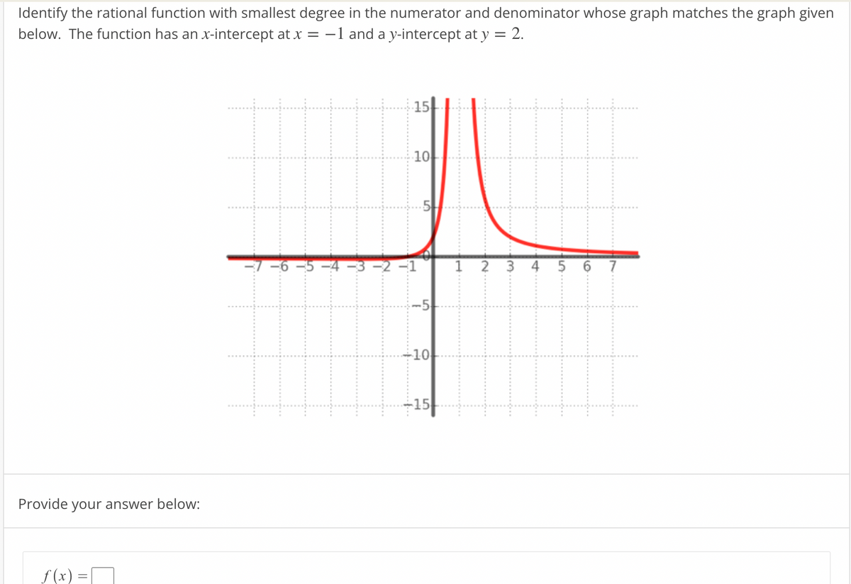 Identify the rational function with smallest degree in the numerator and denominator whose graph matches the graph given
below. The function has an x-intercept at x
-1 and a y-intercept at y = 2.
15
10
7 -6 -5
-2 –1
1 2 3 4 5 6 7
-5
-10
-15
Provide your answer below:
f (x) =|
