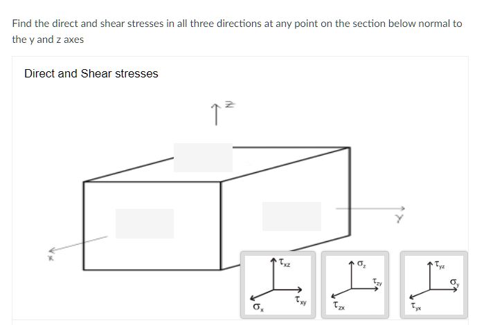 Find the direct and shear stresses in all three directions at any point on the section below normal to
the y and z axes
Direct and Shear stresses
1²
Tyz
IzY
N
.6*
Txz
xy
Tzx
*