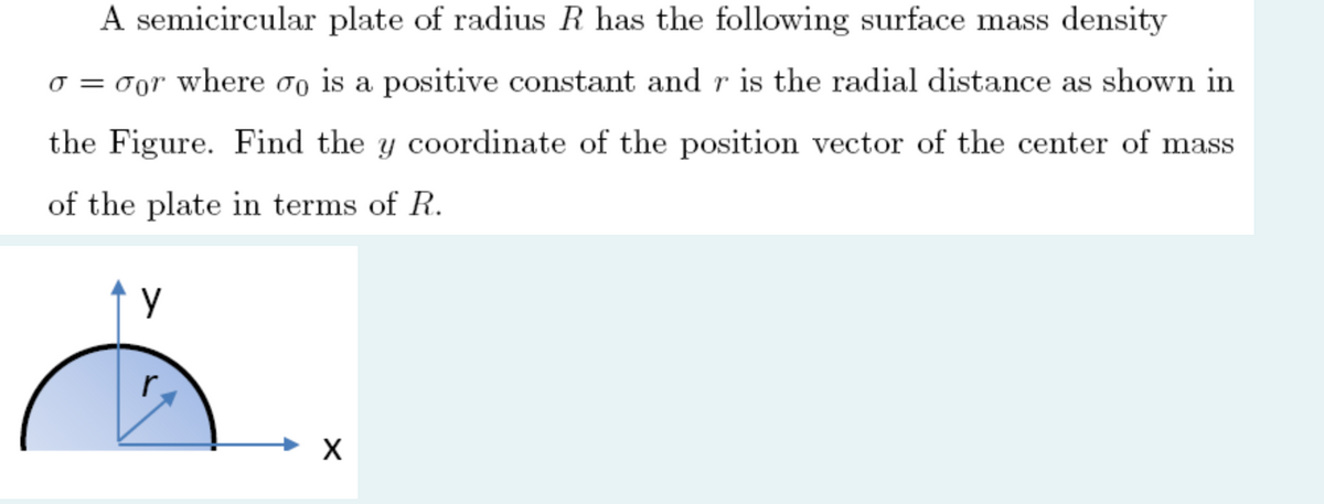 A semicircular plate of radius R has the following surface mass density
o = 0or where oo is a positive constant and r is the radial distance as shown in
the Figure. Find the y coordinate of the position vector of the center of mass
of the plate in terms of R.
r.
