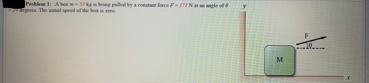 Problem 1: A box m = 53 kg is being pulled by a constant force F= 171 N at an angle of 0
P4 degrees. The initial speed of the box is zero.
