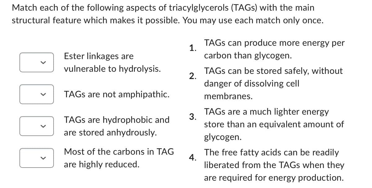 Match each of the following aspects of triacylglycerols (TAGs) with the main
structural feature which makes it possible. You may use each match only once.
Ester linkages are
vulnerable to hydrolysis.
TAGS are not amphipathic.
TAGS are hydrophobic and
are stored anhydrously.
Most of the carbons in TAG
are highly reduced.
1.
2.
3.
4.
TAGS can produce more energy per
carbon than glycogen.
TAGS can be stored safely, without
danger of dissolving cell
membranes.
TAGS are a much lighter energy
store than an equivalent amount of
glycogen.
The free fatty acids can be readily
liberated from the TAGS when they
are required for energy production.