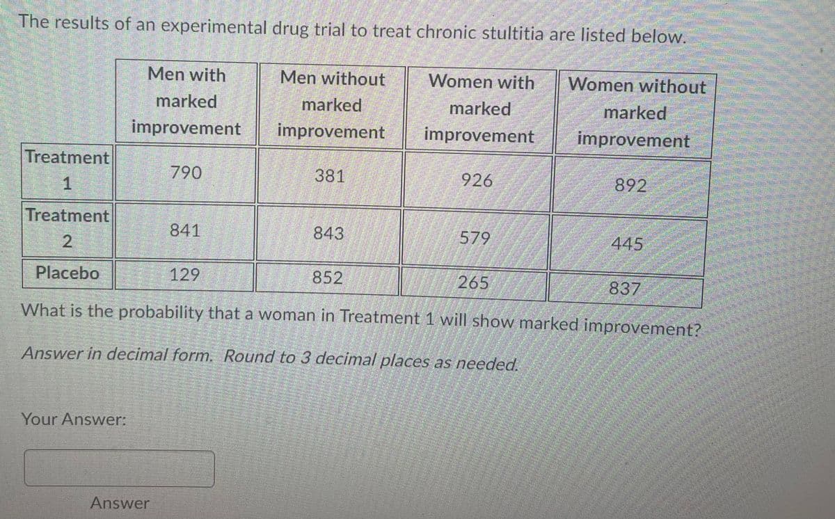 The results of an experimental drug trial to treat chronic stultitia are listed below.
Men without
Women with
Women without
Men with
marked
marked
marked
marked
improvement
improvement
improvement
improvement
Treatment
790
381
926
892
1
Treatment
841
843
579
445
2
Placebo
129
852
265
837
What is the probability that a woman in Treatment 1 will show marked improvement?
Answer in decimal form. Round to 3 decimal places as needed.
Your Answer:
Answer