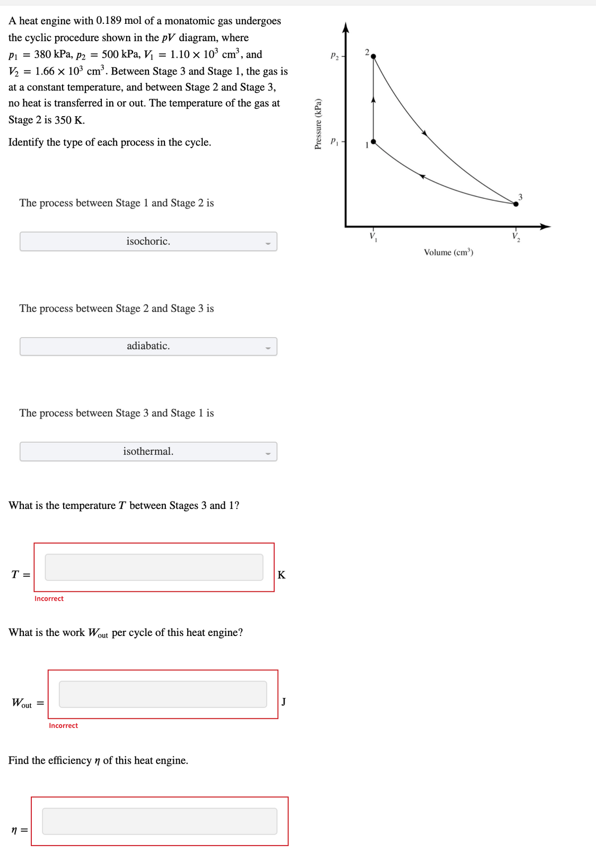 A heat engine with 0.189 mol of a monatomic gas undergoes
the cyclic procedure shown in the pV diagram, where
= 1.10 x 10³ cm³, and
V2 = 1.66 x 10³ cm³. Between Stage 3 and Stage 1, the gas is
Pi = 380 kPa, p2 = 500 kPa, Vị
P2-
at a constant temperature, and between Stage 2 and Stage 3,
no heat is transferred in or out. The temperature of the gas at
Stage 2 is 350 K.
Identify the type of each process in the cycle.
1
The process between Stage 1 and Stage 2 is
isochoric.
Volume (cm³)
The process between Stage 2 and Stage 3 is
adiabatic.
The process between Stage 3 and Stage 1 is
isothermal.
What is the temperature T between Stages 3 and 1?
T =
K
Incorrect
What is the work Wout per cycle of this heat engine?
Wout
J
%3D
Incorrect
Find the efficiency n of this heat engine.
Pressure (kPa)
