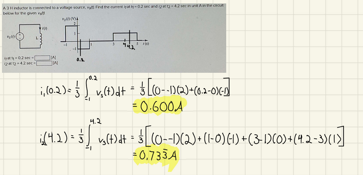 A 3 H inductor is connected to a voltage source, vs(t). Find the current /1 at t1 = 0.2 sec and /2 at t2 = 4.2 sec in unit A in the circuit
below for the given vs(t).
Ds (1) (V) A
Vs (1)
/1 at t₁ = 0.2 sec =
12 at t2 = 4.2 sec =
L
i(1)
[A]
][A]
0.2
3
i, (0.2) = √ {
+
44.2
5
t(s)
.0.2
>= { [²^²4 + 3 [(0--1)(12) + (0.2-0)(²-1)
=
vs (t) dt
= 0.600A
4.2
I
₁ ( 4.2 ) = 3 ] _v₁(+)dt = $ [(0--1)(2)+(1-0) (1) + (3-1)(0)+(4.2-3)(1)]
= 0.733A
