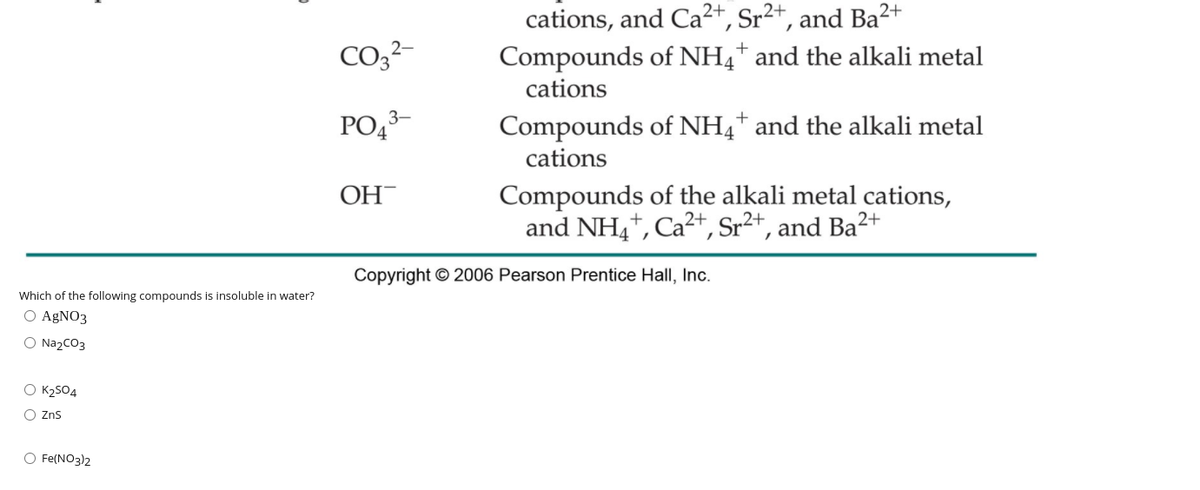 cations, and Ca²+, Sr²+, and Ba²+
Compounds of NH4* and the alkali metal
CO,?-
cations
PO43-
Compounds of NH4* and the alkali metal
cations
ОН
Compounds of the alkali metal cations,
and NH4*, Ca²+, Sr²+, and Ba²
2+
Copyright © 2006 Pearson Prentice Hall, Inc.
Which of the following compounds is insoluble in water?
O AGNO3
O Na2CO3
O K2SO4
O Zns
O Fe(NO3)2
