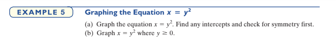 Graphing the Equation x = y?
(a) Graph the equation x = y. Find any intercepts and check for symmetry first.
(b) Graph x = y² where y = 0.
EXAMPLE 5
