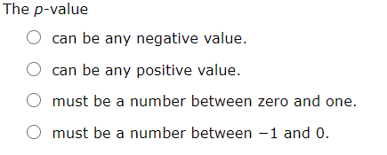 The p-value
can be any negative value.
can be any positive value.
must be a number between zero and one.
O must be a number between -1 and 0.
