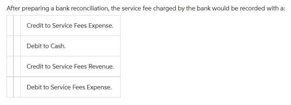 After preparing a bank reconciliation, the service fee charged by the bank would be recorded with a:
Credit to Service Fees Expense.
Debit to Cash.
Credit to Service Fees Revenue.
Debit to Service Fees Expense.
