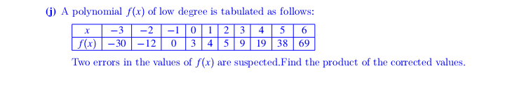 (j) A polynomial f(x) of low degree is tabulated as follows:
-2 |-1 |0|1 23 4 5 6
0 3 45 9| 19 38 69
-3
f(x) - 30 -12
Two errors in the values of f(x) are suspected.Find the product of the corrected values.
