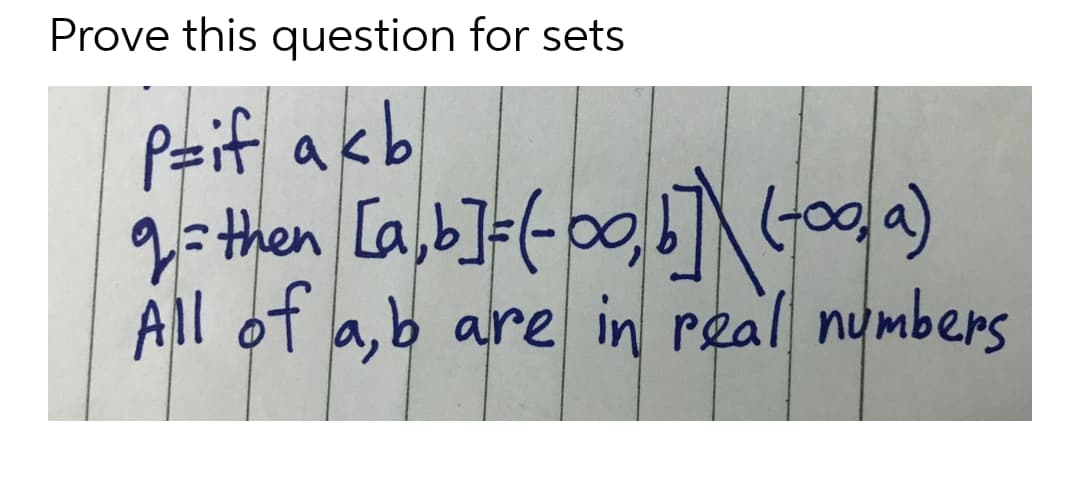 Prove this question for sets
P=if acb
9= then [a,b]=(-00,]\(G0a)
All of a,b are in real numbers
