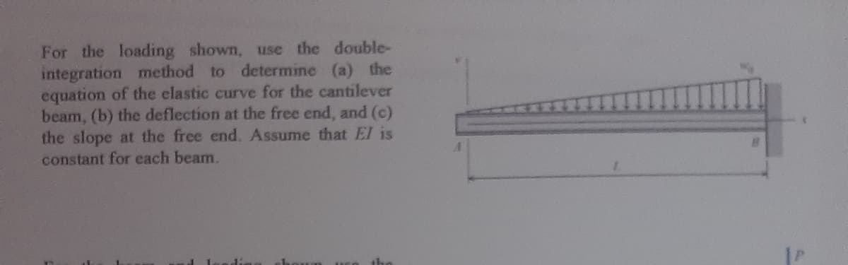 For the loading
integration method to determine (a) the
equation of the elastic curve for the cantilever
beam, (b) the deflection at the free end, and (c)
the slope at the free end. Assume that El is
constant for each beam.
shown, use the double-
