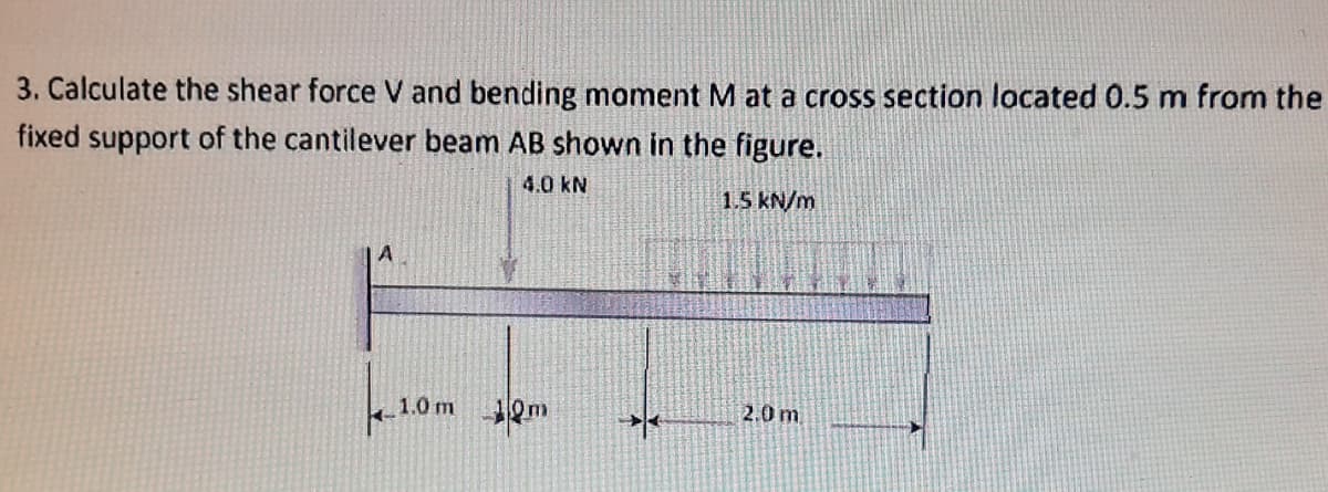 3. Calculate the shear force V and bending moment M at a cross section located 0.5 m from the
fixed support of the cantilever beam AB shown in the figure.
4.0 kN
1.5 kN/m
1.0 m
2.0 m

