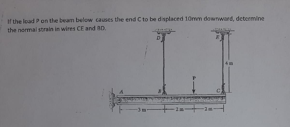 If the load P on the beam below causes the end C to be displaced 10mm downward, determine
the normal strain in wires CE and BD.
D
4 m
A.
B
3 m
2 m
2 m
