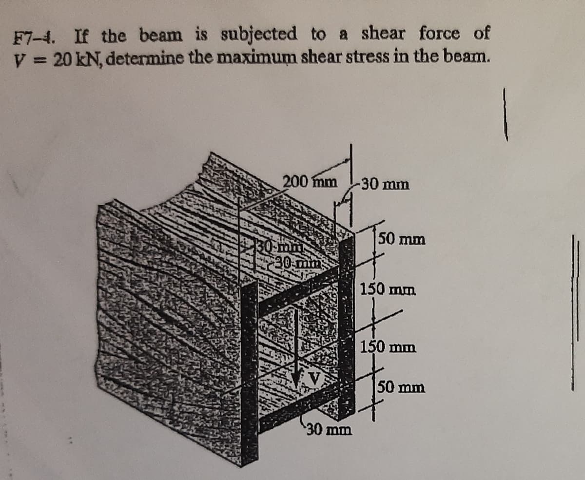 F7-4. If the beam is subjected to a shear force of
V = 20 kN, determine the maximum shear stress in the beam.
200 mm
-30 mm
50 mm
150 mm
150 mm
50 mm
30 mm

