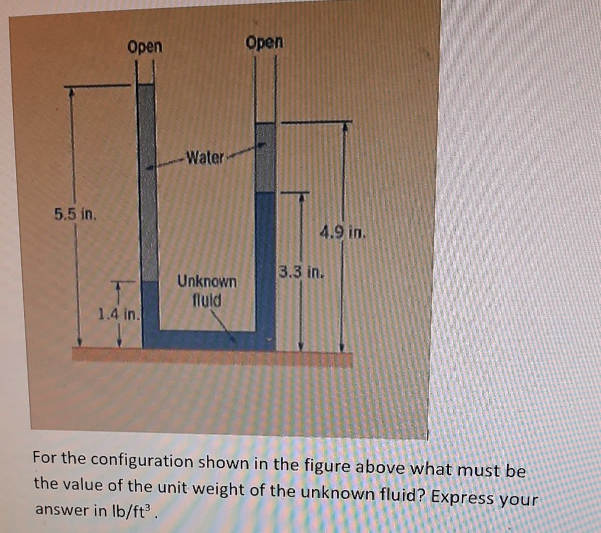 Open
Open
Water
5.5 in.
4.9 in
3.3 in.
Unknown
fluld
1.4 in.
For the configuration shown in the figure above what must be
the value of the unit weight of the unknown fluid? Express your
answer in Ib/ft3.

