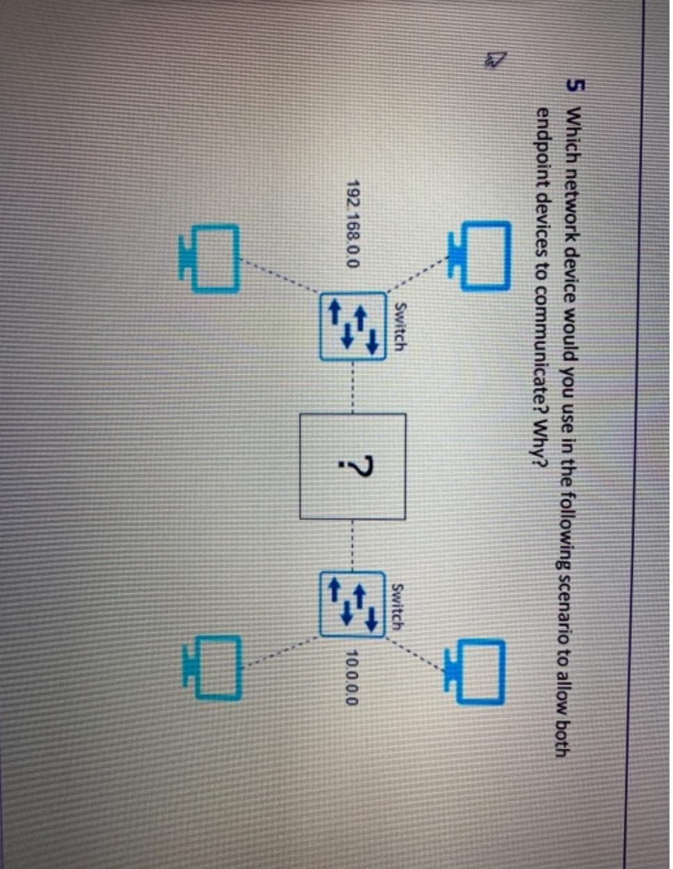 5 Which network device would you use in the following scenario to allow both
endpoint devices to communicate? Why?
Switch
Switch
192.168 0.0
10.0.0.0
