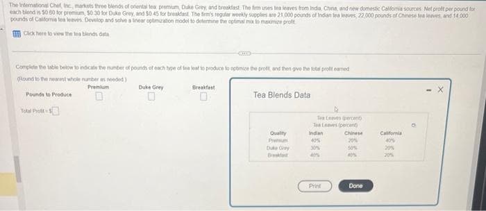The International Chef, Inc, markets three blends of oriental tea premium, Duke Grey, and breakfast. The firm uses tea leaves from India, China, and new domestic Califomia sources Net profit per pound for
each blend is 50 60 for premium, $0.30 for Duke Grey, and 50 45 for breakfast The firm's regular weekly supplies are 21,000 pounds of Indian tea leaves, 22,000 pounds of Chinese tea leaves, and 14.000
pounds of California tea leaves. Develop and solve a linear optimization model to determine the optimal max to maximize prof
Click here to view the tea blends data
Complete the table below to indicate the number of pounds of each type of tea leaf to produce to optimize the profit, and then give the total profit earned
(Round to the nearest whole number as needed)
Premium
Pounds to produce
0
Total Prot
Duke Grey
0
Breakfast
Tea Blends Data
Quality
Premium
Duke Grey
Breakfast
Tea Leaves (percent)
Tea Leaves (percent)
Indian
40%
30%
40%
Print
Chinese
20%
50%
Done
California
40%
20%
20%