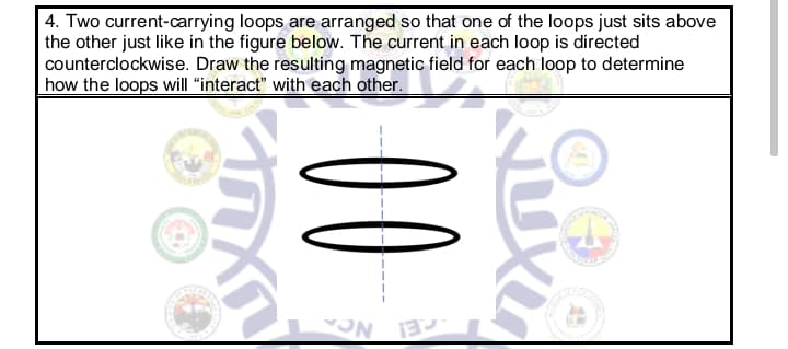 4. Two current-carrying loops are arranged so that one of the loops just sits above
the other just like in the figure below. The current in each loop is directed
counterclockwise. Draw the resulting magnetic field for each loop to determine
how the loops will "interact" with each other.
ON 13
00
