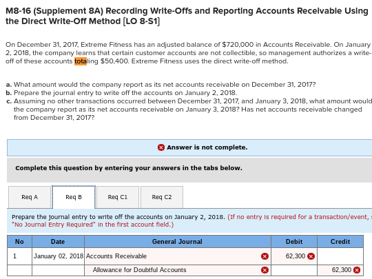 M8-16 (Supplement 8A) Recording Write-Offs and Reportling Accounts Recelvable Using
the Direct Write-Off Method (LO 8-S1)
On December 31, 2017, Extreme Fitness has an adjusted balance of $720,000 in Accounts Receivable. On January
2, 2018, the company learns that certain customer accounts are not collectible, so management authorizes a write-
off of these accounts totaling $50,400. Extreme Fitness uses the direct write-off method.
a. What amount would the company report as its net accounts receivable on December 31, 2017?
b. Prepare the journal entry to write off the accounts on January 2, 2018.
c. Assuming no other transactions occurred between December 31, 2017, and January 3, 2018, what amount would
the company report as its net accounts receivable on January 3, 2018? Has net accounts receivable changed
from December 31, 2017?
Answer is not complete.
Complete this question by entering your answers in the tabs below.
ReqA
Req B
Req c1
Req c2
Prepare the journal entry to write off the accounts on January 2, 2018. (If no entry Is requlred for a transaction/event, :
"No Journal Entry Required" In the first account fleld.)
No
Date
General Journal
Debit
Credit
January 02, 2018 Accounts Receivable
62,300
Allowance for Doubtful Accounts
62,300
