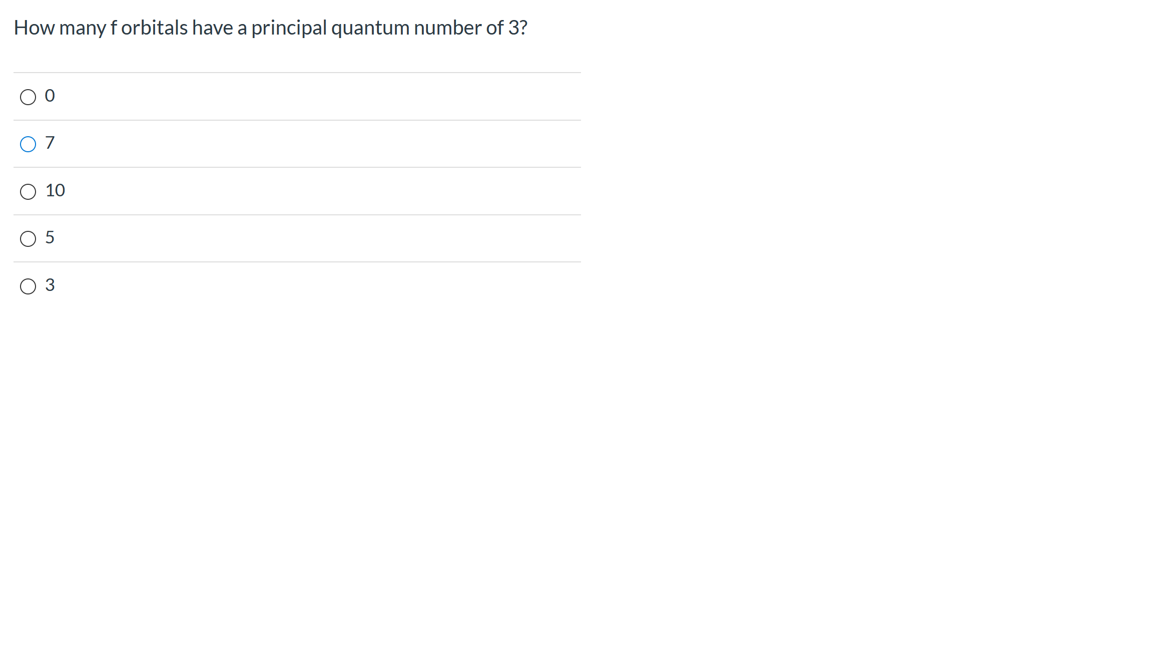 How many f orbitals have a principal quantum number of 3?
O 7
O 10
O 5
O 3
