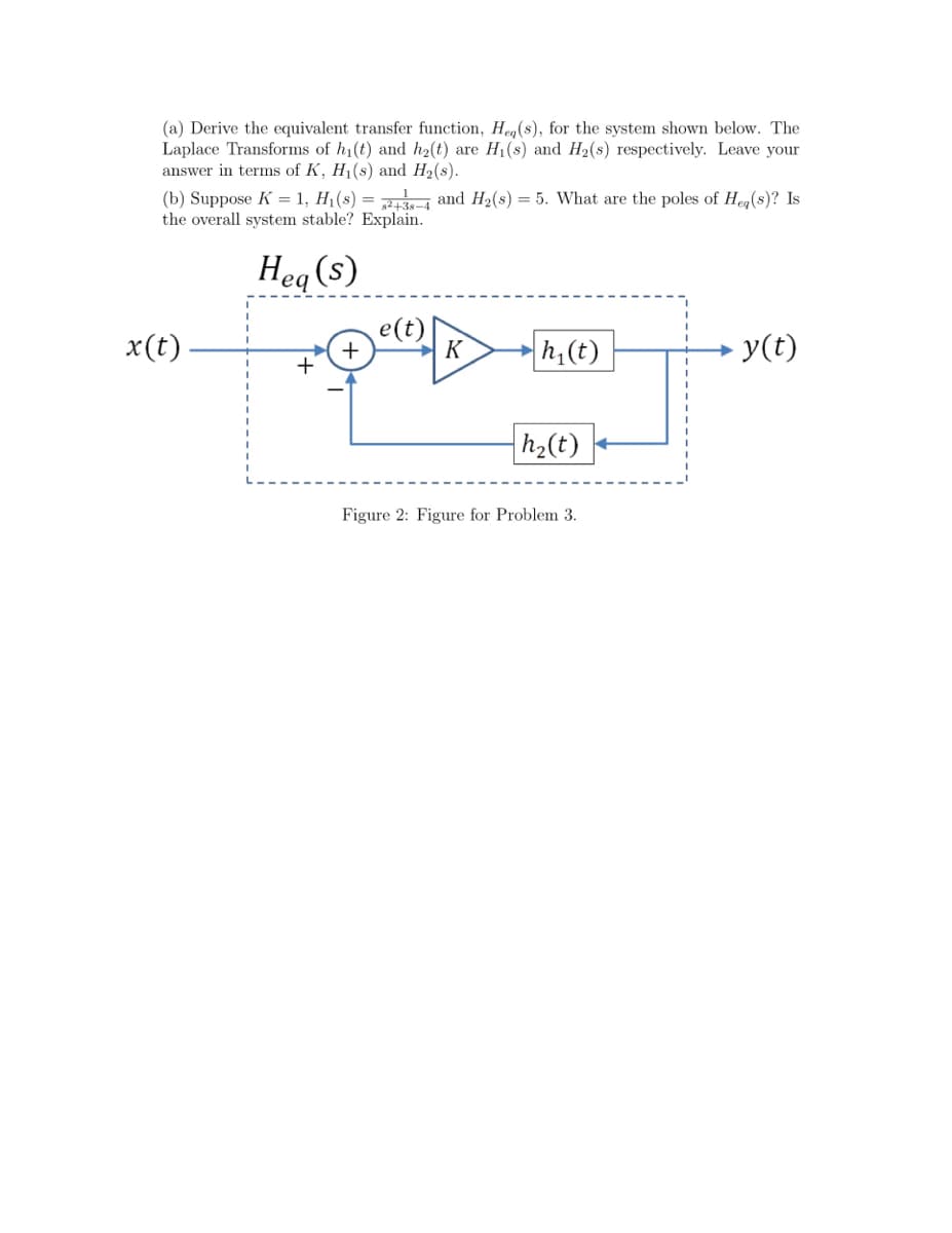 (a) Derive the equivalent transfer function, Heg(s), for the system shown below. The
Laplace Transforms of h1(t) and h2(t) are H1(s) and H2(s) respectively. Leave your
answer in terms of K, H1(s) and H2(s).
(b) Suppose K = 1, H1(s) = and H2(s) = 5. What are the poles of Heg(s)? Is
the overall system stable? Explain.
Heq (s)
x(t)
e(t)
K
· y(t)
h,(t)
+
|h2(t)
Figure 2: Figure for Problem 3.
