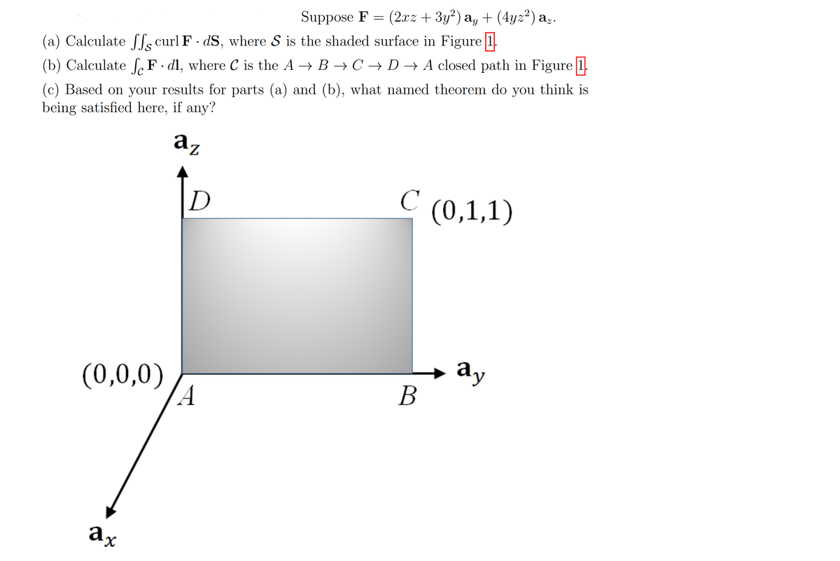 Suppose F = (2xz + 3y²) a, + (4yz²) a̟.
(a) Calculate fls curl F dS, where S is the shaded surface in Figure 1.
(b) Calculate „F•dl, where C is the A → B → C → D → A closed path in Figure 1.
(c) Based on your results for parts (a) and (b), what named theorem do you think is
being satisfied here, if any?
az
C
(0,1,1)
(0,0,0)
A
ay
В
ax
