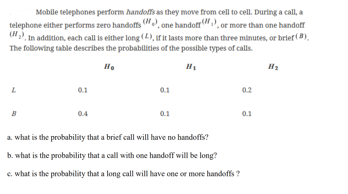Mobile telephones perform handoffs as they move from cell to cell. During a call, a
(H
telephone either performs zero handoffs "o', one handoff " ', or more than one handoff
(H
(H2). In addition, each call is either long (L), if it lasts more than three minutes, or brief ( B ).
The following table describes the probabilities of the possible types of calls.
Но
H1
H2
L
0.1
0.1
0.2
B
0.4
0.1
0.1
a. what is the probability that a brief call will have no handoffs?
b. what is the probability that a call with one handoff will be long?
c. what is the probability that a long call will have one or more handoffs ?
