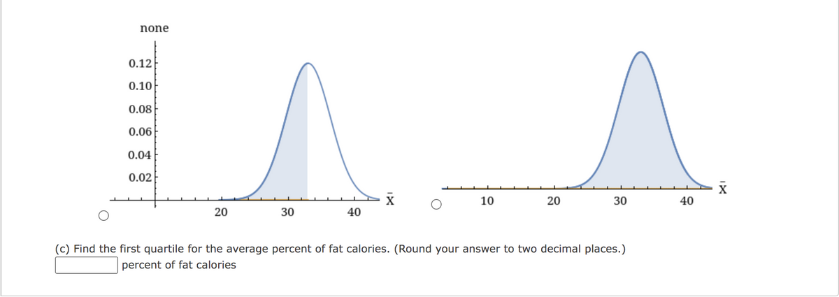 none
0.12
0.10
0.08
0.06
0.04
0.02
10
20
30
40
20
30
40
(c) Find the first quartile for the average percent of fat calories. (Round your answer to two decimal places.)
percent of fat calories
IX

