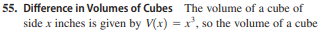 55. Difference in Volumes of Cubes The volume of a cube of
side x inches is given by V(x) =x², so the volume of a cube
