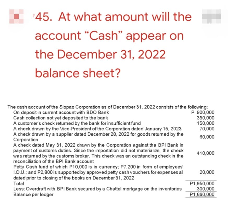 45. At what amount will the
account "Cash" appear on
the December 31, 2022
balance sheet?
The cash account of the Siopao Corporation as of December 31, 2022 consists of the following:
On deposit in current account with BDO Bank
Cash collection not yet deposited to the bank
P 900,000
350,000
150,000
70,000
A customer's check returned by the bank for insufficient fund
A check drawn by the Vice-President of the Corporation dated January 15, 2023
A check drawn by a supplier dated December 28, 2022 for goods returned by the
Corporation
60,000
A check dated May 31, 2022 drawn by the Corporation against the BPI Bank in
payment of customs duties. Since the importation did not materialize, the check
was returned by the customs broker. This check was an outstanding check in the
reconciliation of the BPI Bank account
410,000
Petty Cash fund of which P10,000 is in currency; P7,200 in form of employees'
I.O.U.; and P2,800 is supported by approved petty cash vouchers for expenses all
dated prior to closing of the books on December 31, 2022
20,000
Total
P1,950,000
300,000
Less: Overdraft with BPI Bank secured by a Chattel mortgage on the inventories
Balance per ledger
P1,660,000