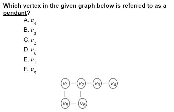 Which vertex in the given graph below is referred to as a
pendant?
А. v
A.V4
B. v,
C.v,
D.v
E. v,
F. v.
5
(V4
(V1)-(V2,
V5
(V6)
