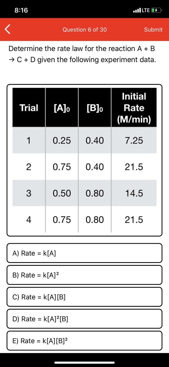 Determine the rate law for the reaction A + B
→ C +D given the following experiment data.
Initial
Trial
[A]o
[B]o
Rate
(M/min)
1
0.25
0.40
7.25
0.75
0.40
21.5
3
0.50
0.80
14.5
4
0.75
0.80
21.5
A) Rate =
k[A]
B) Rate = k[A]²
%3D
C) Rate =
k[A][B]
D) Rate =
K[A]°[B]
E) Rate = k[A][B]?
2.
