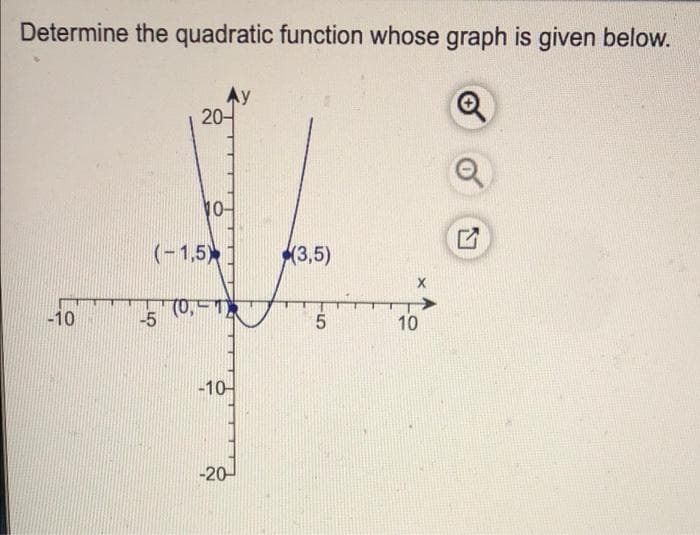 Determine the quadratic function whose graph is given below.
Ay
20-
10-
(-1,5) 1
(3,5)
(0,-1
-10
-5
10
-10-
-20-

