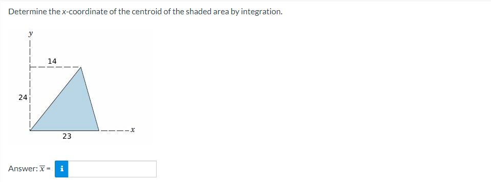 Determine the x-coordinate of the centroid of the shaded area by integration.
y
T
24
14
Answer: x=
23