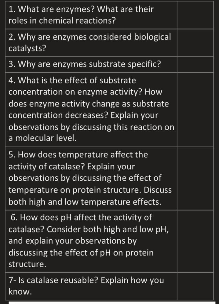 1. What are enzymes? What are their
roles in chemical reactions?
2. Why are enzymes considered biological
catalysts?
3. Why are enzymes substrate specific?
4. What is the effect of substrate
concentration on enzyme activity? How
does enzyme activity change as substrate
concentration decreases? Explain your
observations by discussing this reaction on
a molecular level.
5. How does temperature affect the
activity of catalase? Explain your
observations by discussing the effect of
temperature on protein structure. Discuss
both high and low temperature effects.
6. How does pH affect the activity of
catalase? Consider both high and low pH,
and explain your observations by
|discussing the effect of pH on protein
structure.
7- Is catalase reusable? Explain how you
know.
