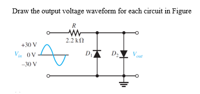 Draw the output voltage waveform for each circuit in Figure
+30 V
Vin OV
-30 V
R
ww
2.2 ΚΩ
8
D₁ D₂ Vout