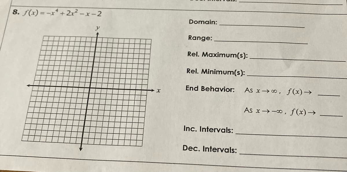 8. f(x) =-x*+2x²-x-2
Domain:
Range:
Rel. Maximum(s):
Rel. Minimum(s):.
End Behavior:
As x→∞, ƒ(x)→
As x→-o, ƒ(x)→
Inc. Intervals:
Dec. Intervals:
