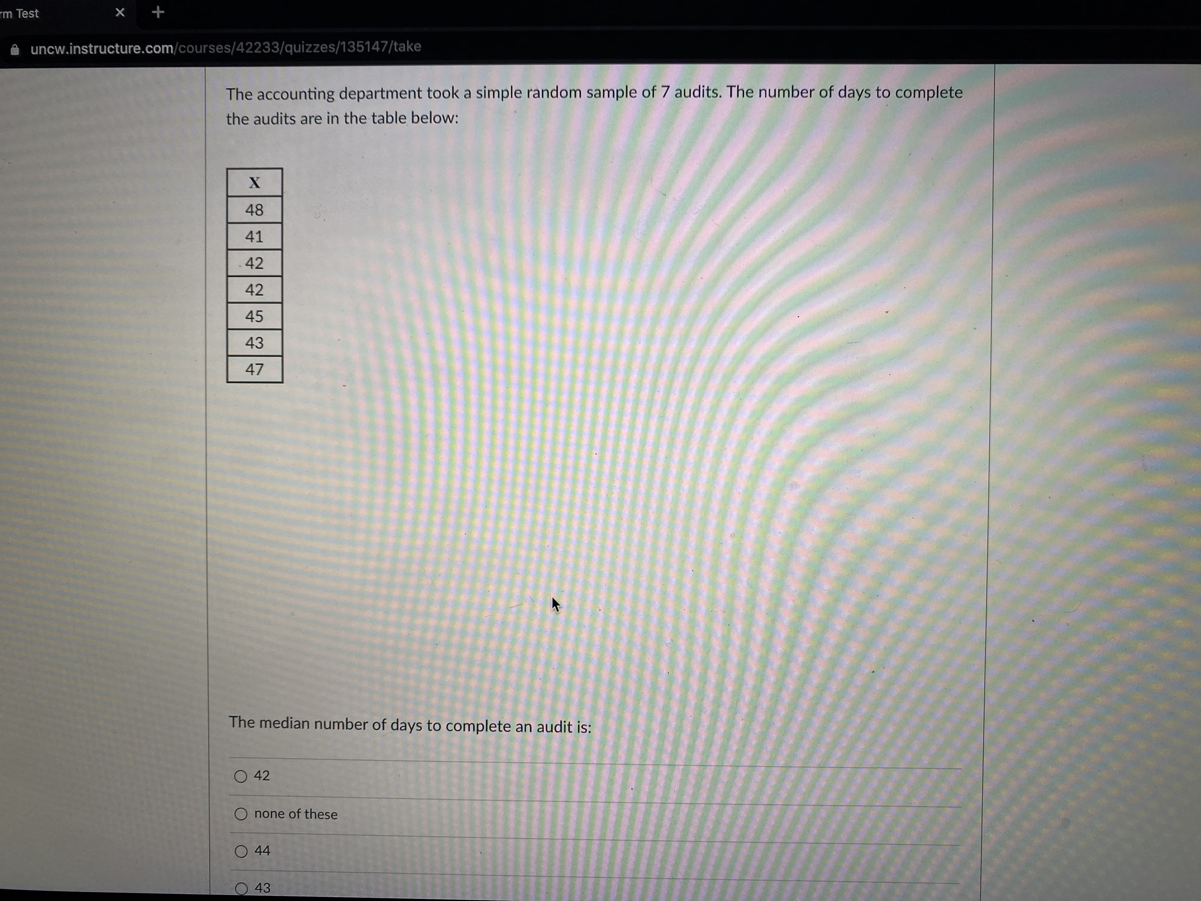 The accounting department took a simple random sample of 7 audits. The number of days to complete
the audits are in the table below:
48
41
42
42
45
43
47
