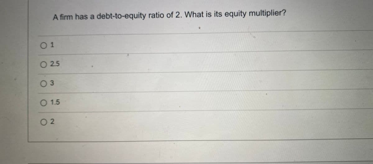 A firm has a debt-to-equity ratio of 2. What is its equity multiplier?
01
O 2.5
03
O 1.5
O 2
