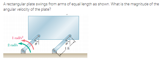 A rectangular plate swings from arms of equal length as shown. What is the magnitude of the
angular velocity of the plate?
1 rad/s
2 rad/s
1ft
