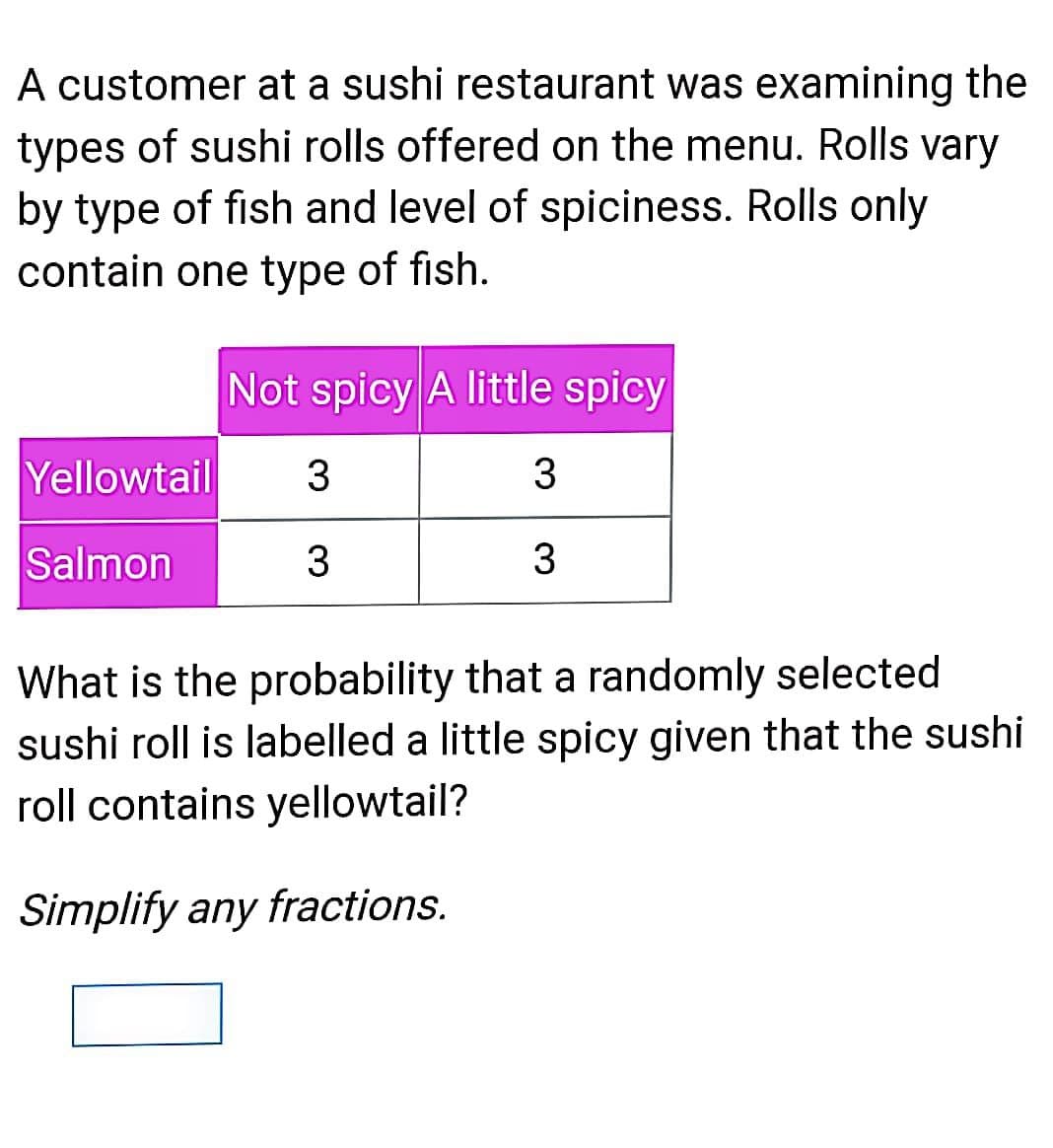 A customer at a sushi restaurant was examining the
types of sushi rolls offered on the menu. Rolls vary
by type of fish and level of spiciness. Rolls only
contain one type of fish.
Not spicy A little spicy
Yellowtail
3
Salmon
3
What is the probability that a randomly selected
sushi roll is labelled a little spicy given that the sushi
roll contains yellowtail?
Simplify any
any fractions.
