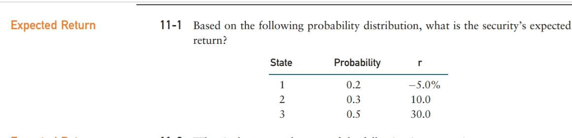Expected Return
11-1 Based on the following probability distribution, what is the security's expecteċ
return?
State
Probability
r
1
0.2
-5.0%
0.3
10.0
3
0.5
30.0
