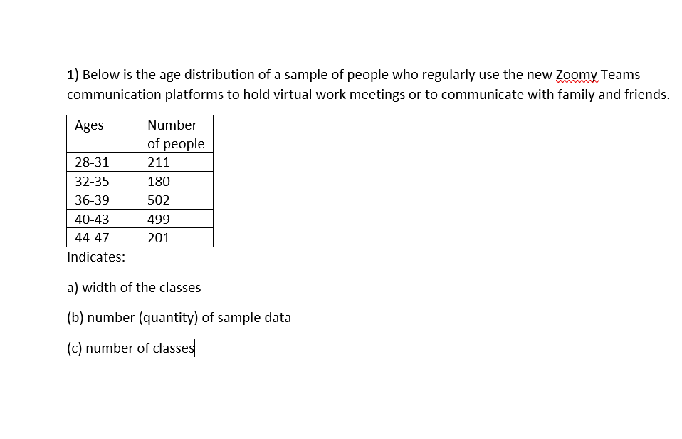 1) Below is the age distribution of a sample of people who regularly use the new Zoomy Teams
communication platforms to hold virtual work meetings or to communicate with family and friends.
Ages
Number
of people
28-31
211
32-35
180
36-39
502
40-43
499
44-47
201
Indicates:
a) width of the classes
(b) number (quantity) of sample data
(c) number of classes
