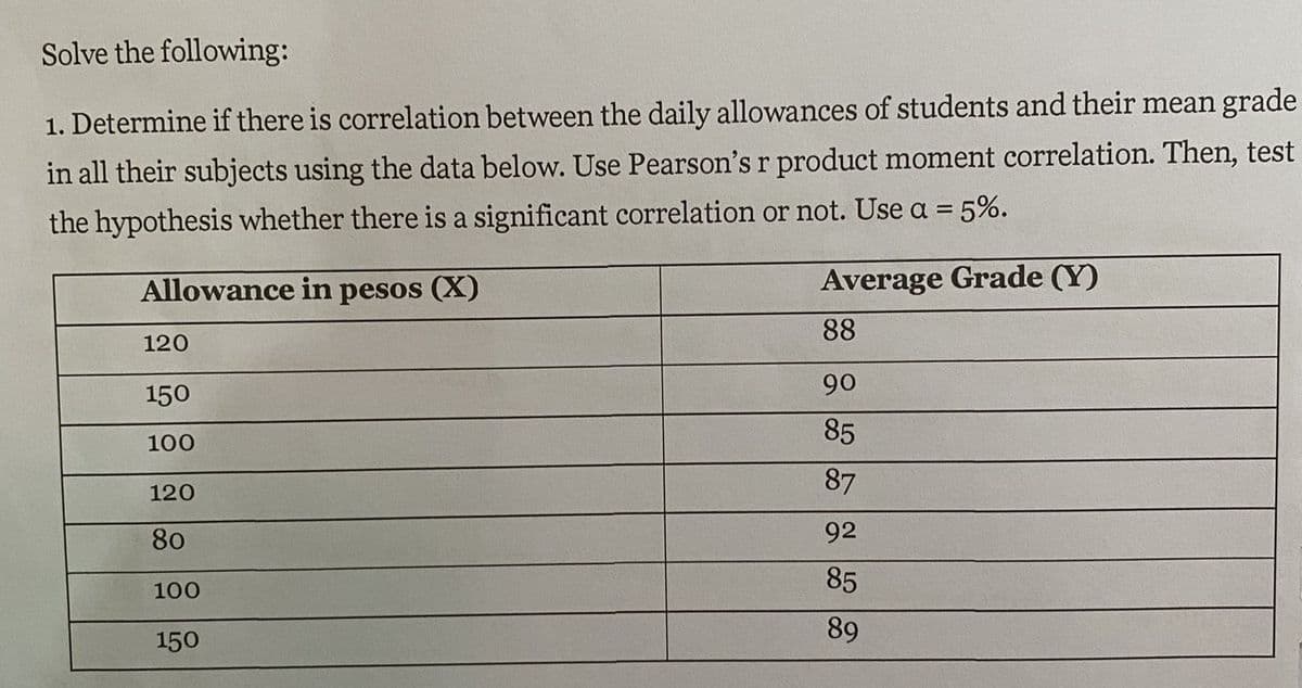 Solve the following:
1. Determine if there is correlation between the daily allowances of students and their mean grade
in all their subjects using the data below. Use Pearson's r product moment correlation. Then, test
the hypothesis whether there is a significant correlation or not. Use a = 5%.
Allowance in pesos (X)
Average Grade (Y)
88
120
90
150
85
100
87
120
80
92
85
100
89
150
