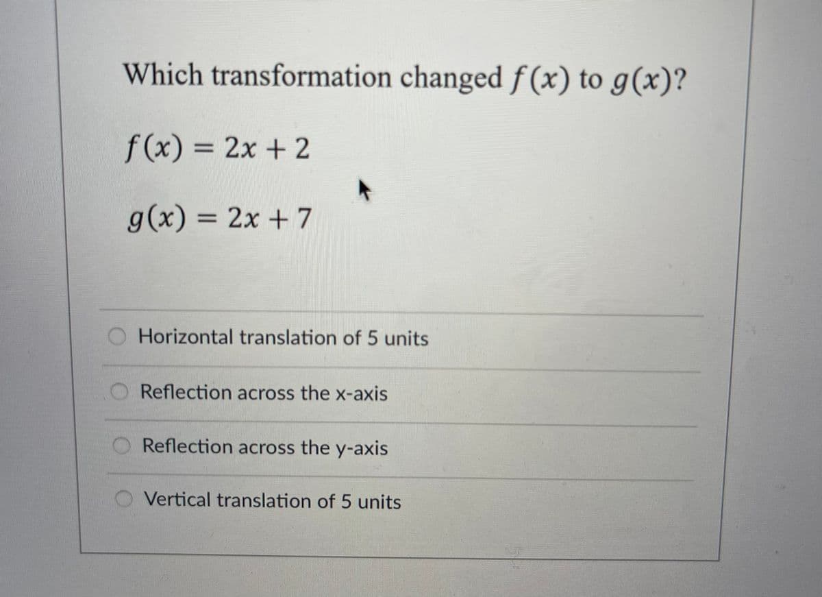 Which transformation changed f(x) to g(x)?
f(x) = 2x + 2
g(x) = 2x + 7
Horizontal translation of 5 units
Reflection across the x-axis
Reflection across the y-axis
Vertical translation of 5 units